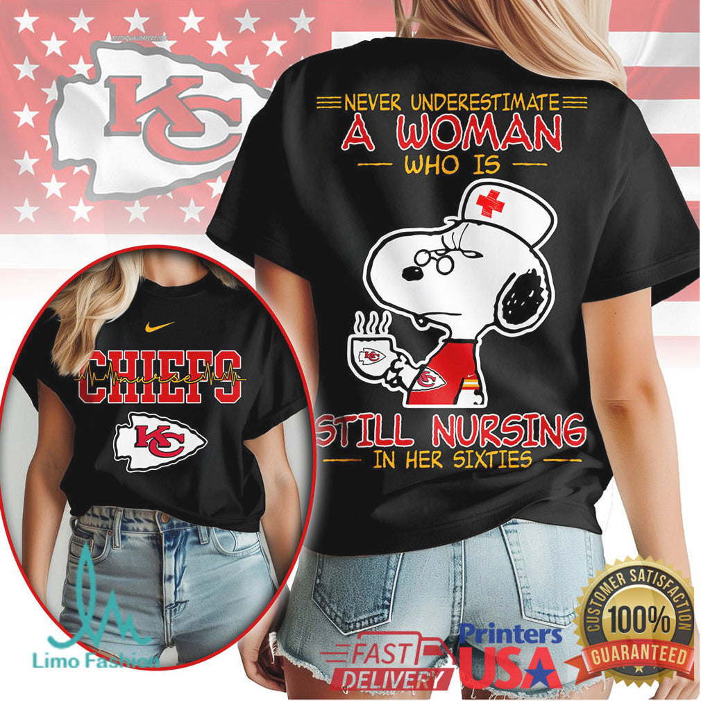 Kansas City Chiefs Nursing T Shirt Never Underestimate A Woman In Her Sixties Snoopy T Shirt - Limotees LLC