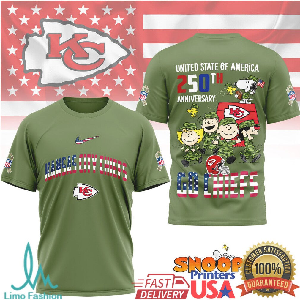 Kansas City Chiefs Snoopy 250th Anniversary USA Military Olive T Shirt - Limotees LLC