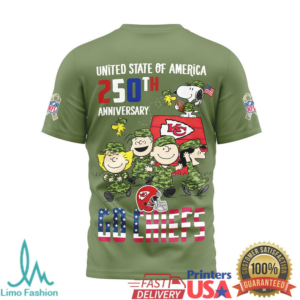 Kansas City Chiefs Snoopy 250th Anniversary USA Military Olive T Shirt - Limotees LLC