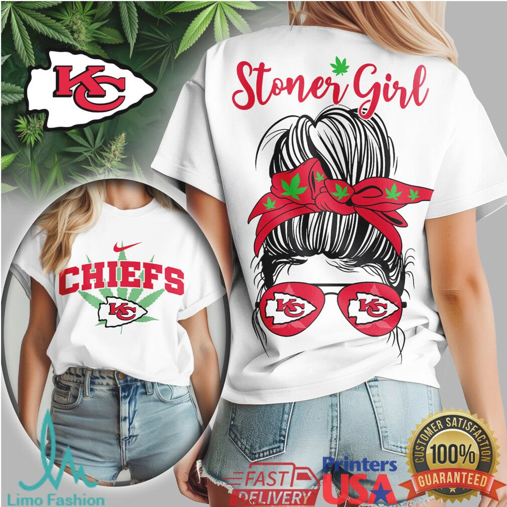 Kansas City Chiefs Stoner Girl Messy Bun Sunglasses Weed T Shirt - Limotees LLC