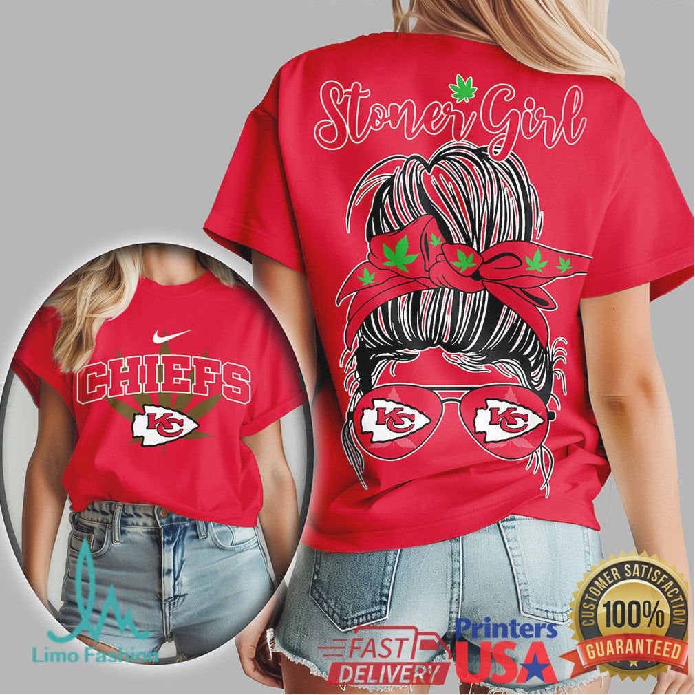 Kansas City Chiefs Stoner Girl T Shirt Messy Bun Bandana Design - Limotees LLC