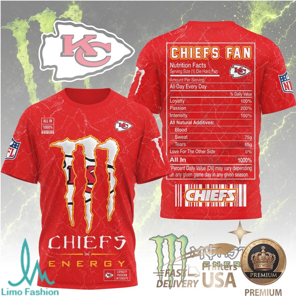 Kansas City Football Fans Monster Energy Nutrition Facts Red T Shirt - Limotees LLC