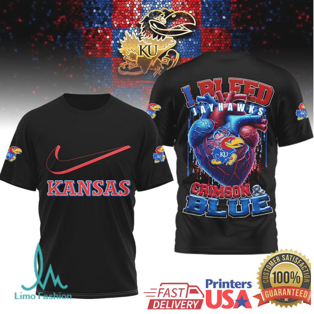 Kansas Jayhawks “I Bleed Crimson & Blue” Heart Football T Shirt - Limotees LLC