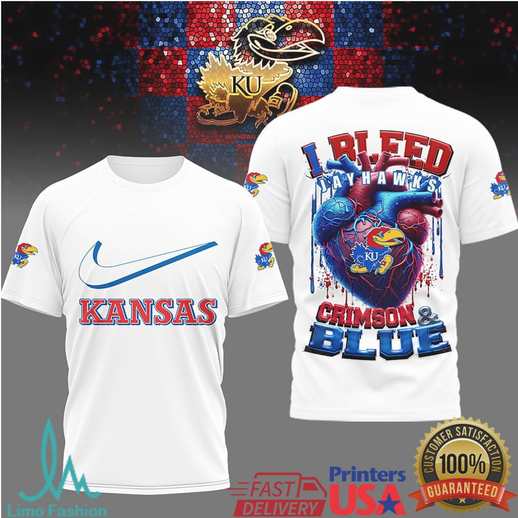 Kansas Jayhawks “I Bleed Crimson & Blue” Heart Football T Shirt - Limotees LLC
