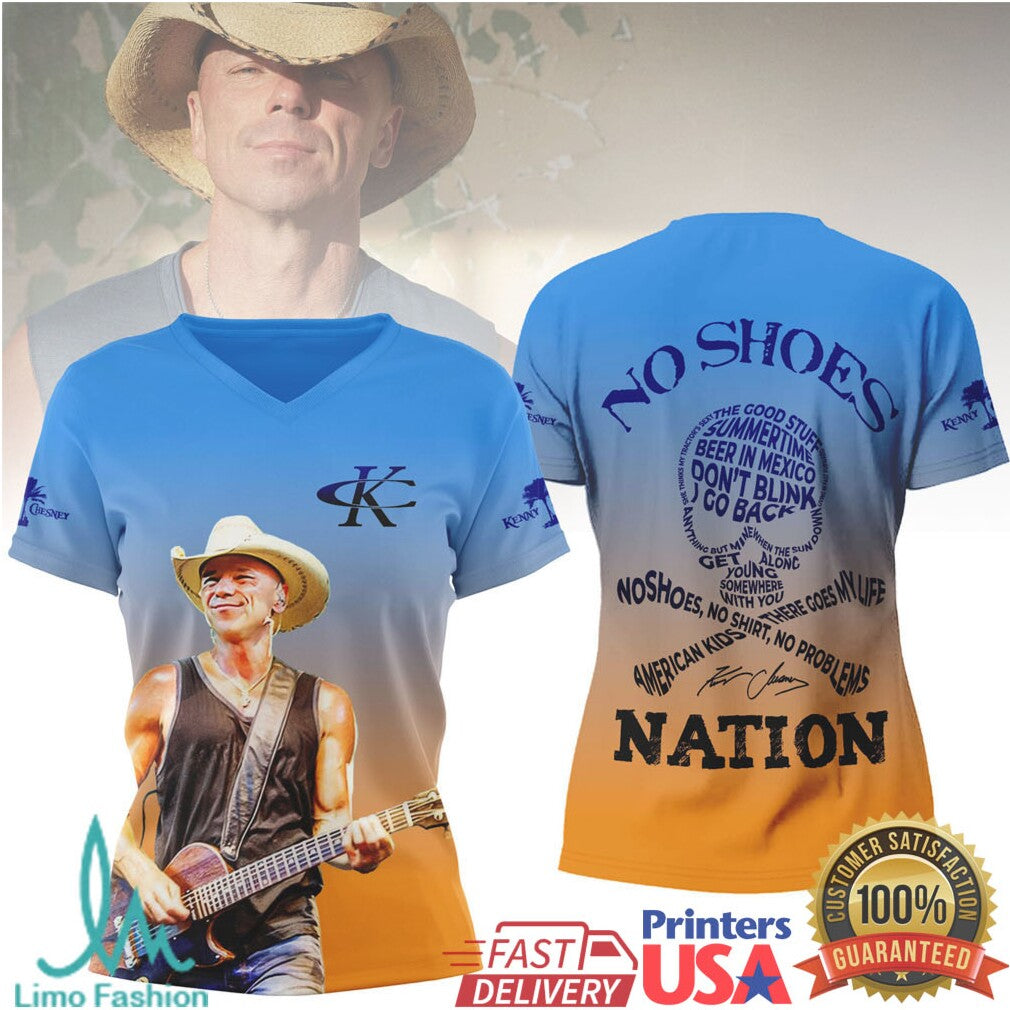 Kenny Chesney No Shoes Nation Blue & Gold Gradient Concert Merch T Shirt - Limotees LLC