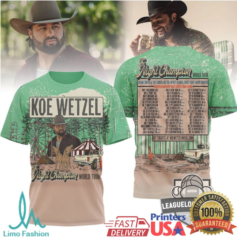 Koe Wetzel “The Night Champion” World Tour 2026 All Over Graphic T Shirt - Limotees LLC