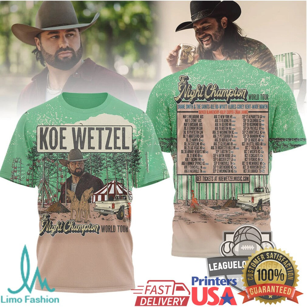 Koe Wetzel “The Night Champion” World Tour 2026 All Over Graphic T Shirt - Limotees LLC