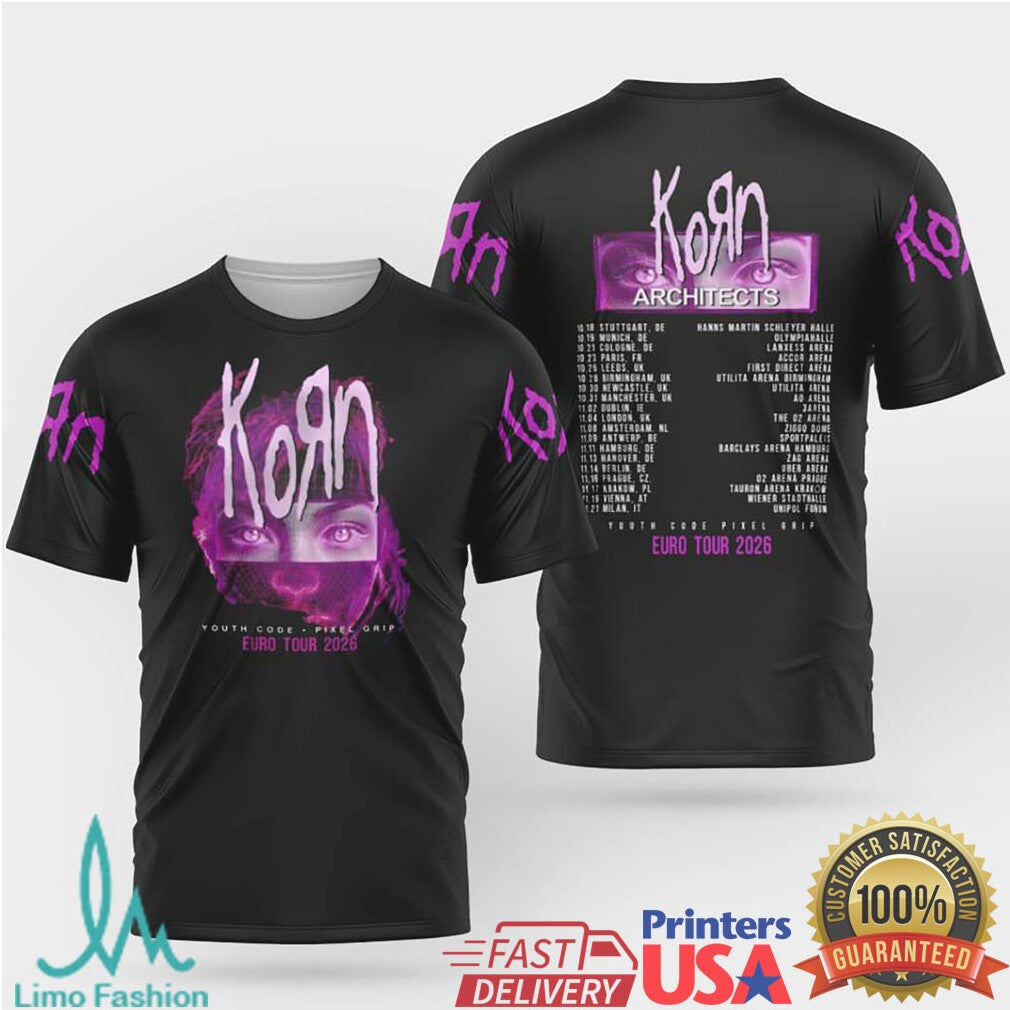 Korn Architects Euro Tour 2026 Pink Portrait Double Sided T Shirt - Limotees LLC