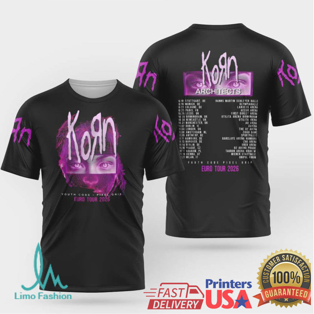 Korn Architects Euro Tour 2026 Pink Portrait Double Sided T Shirt - Limotees LLC