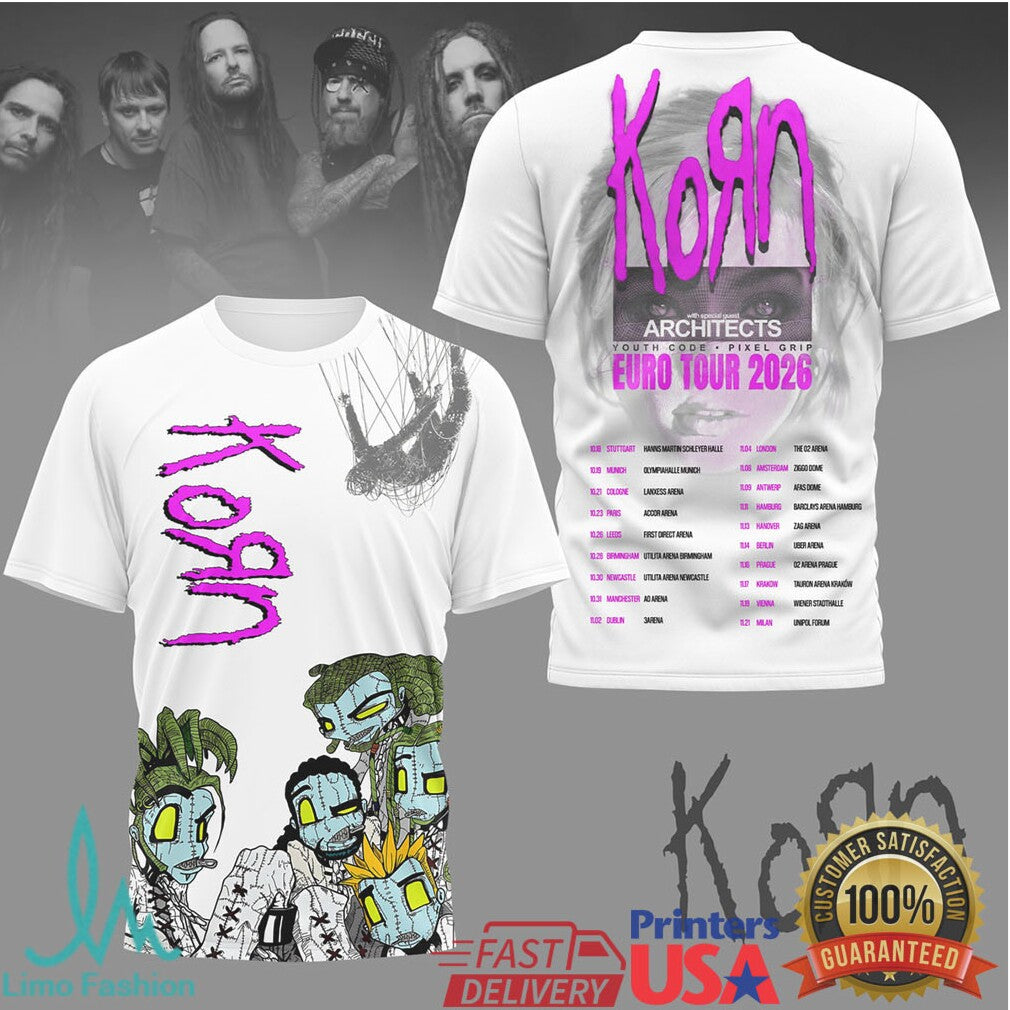 Korn Euro Tour 2026 Architects Special Guest Cartoon Graphic T Shirt - Limotees LLC