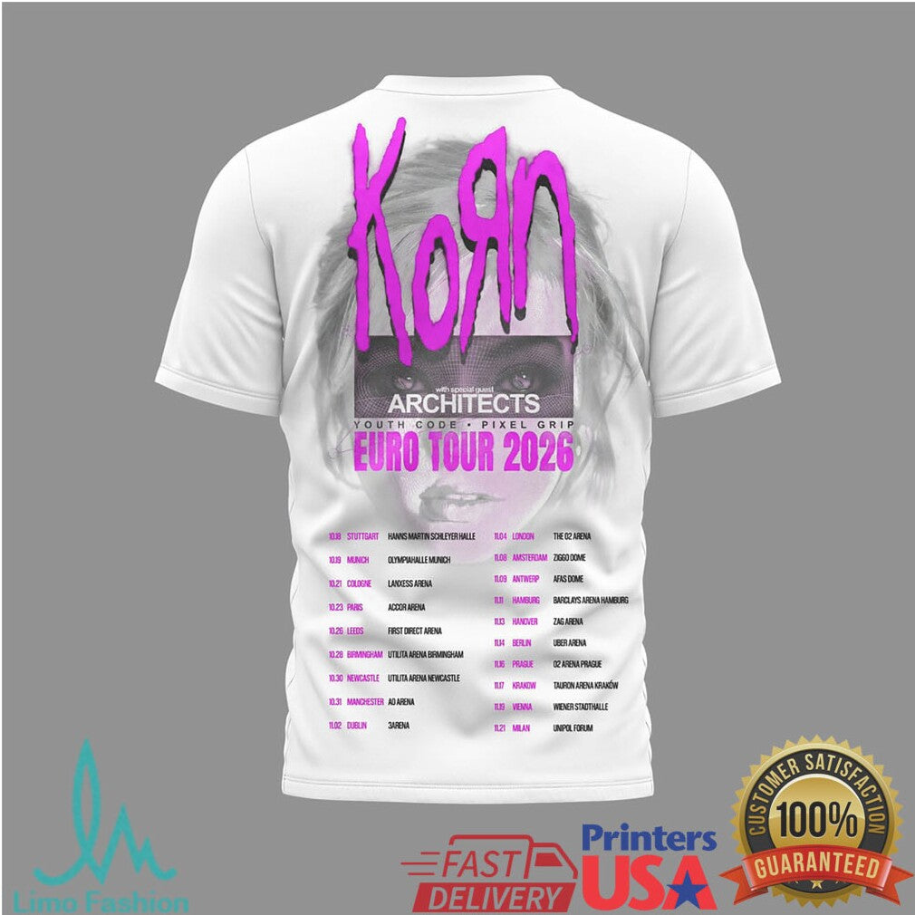 Korn Euro Tour 2026 Architects Special Guest T Shirt Pink Logo Graphic - Limotees LLC