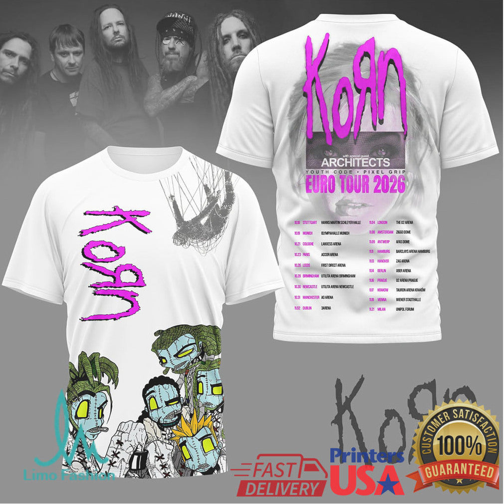 Korn Euro Tour 2026 Architects Special Guest T Shirt Pink Logo Graphic - Limotees LLC