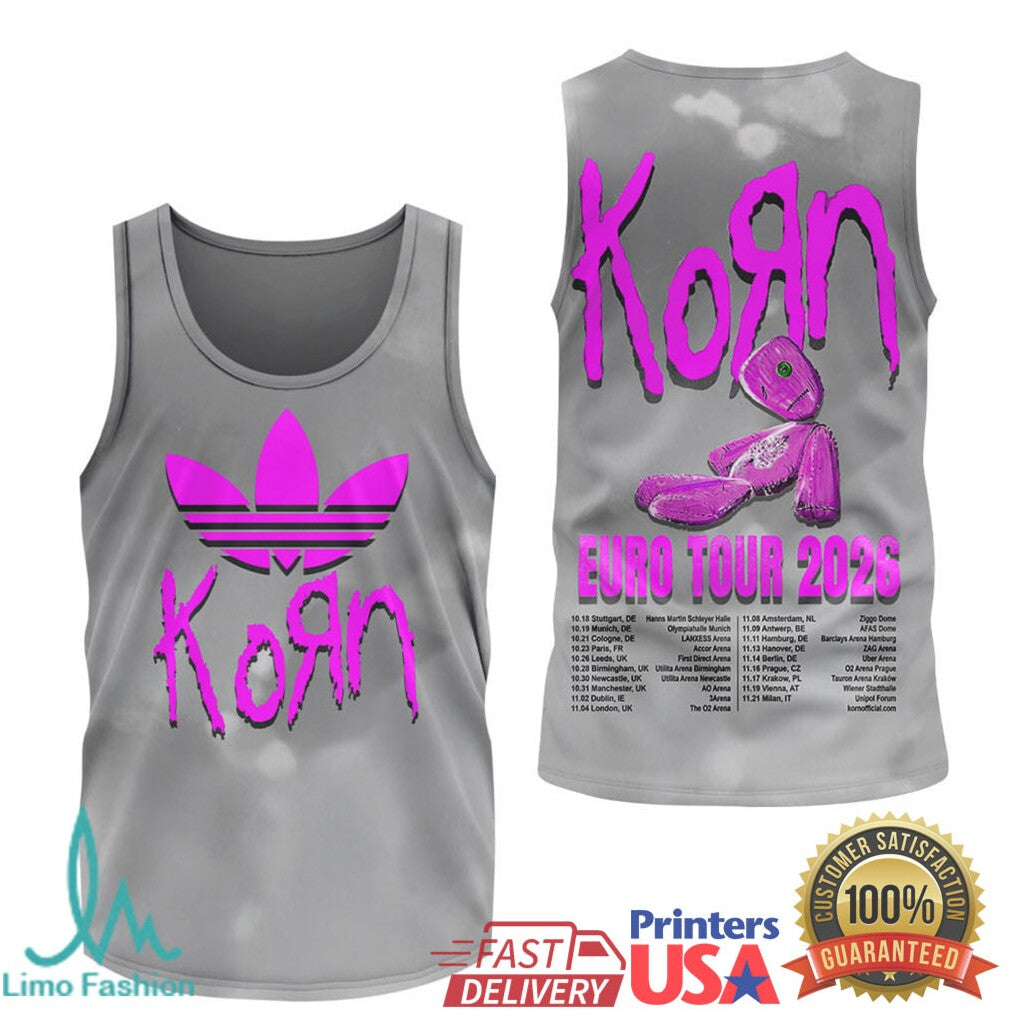 Korn Euro Tour 2026 Pink Logo and Doll Graphic Gray Apparel T Shirt - Limotees LLC