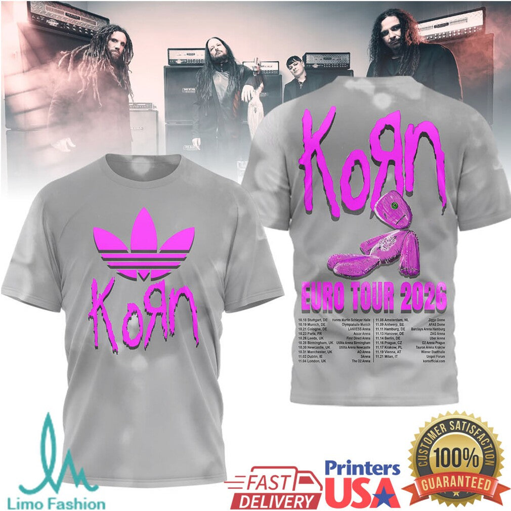 Korn Euro Tour 2026 Pink Logo and Doll Graphic Gray Apparel T Shirt - Limotees LLC
