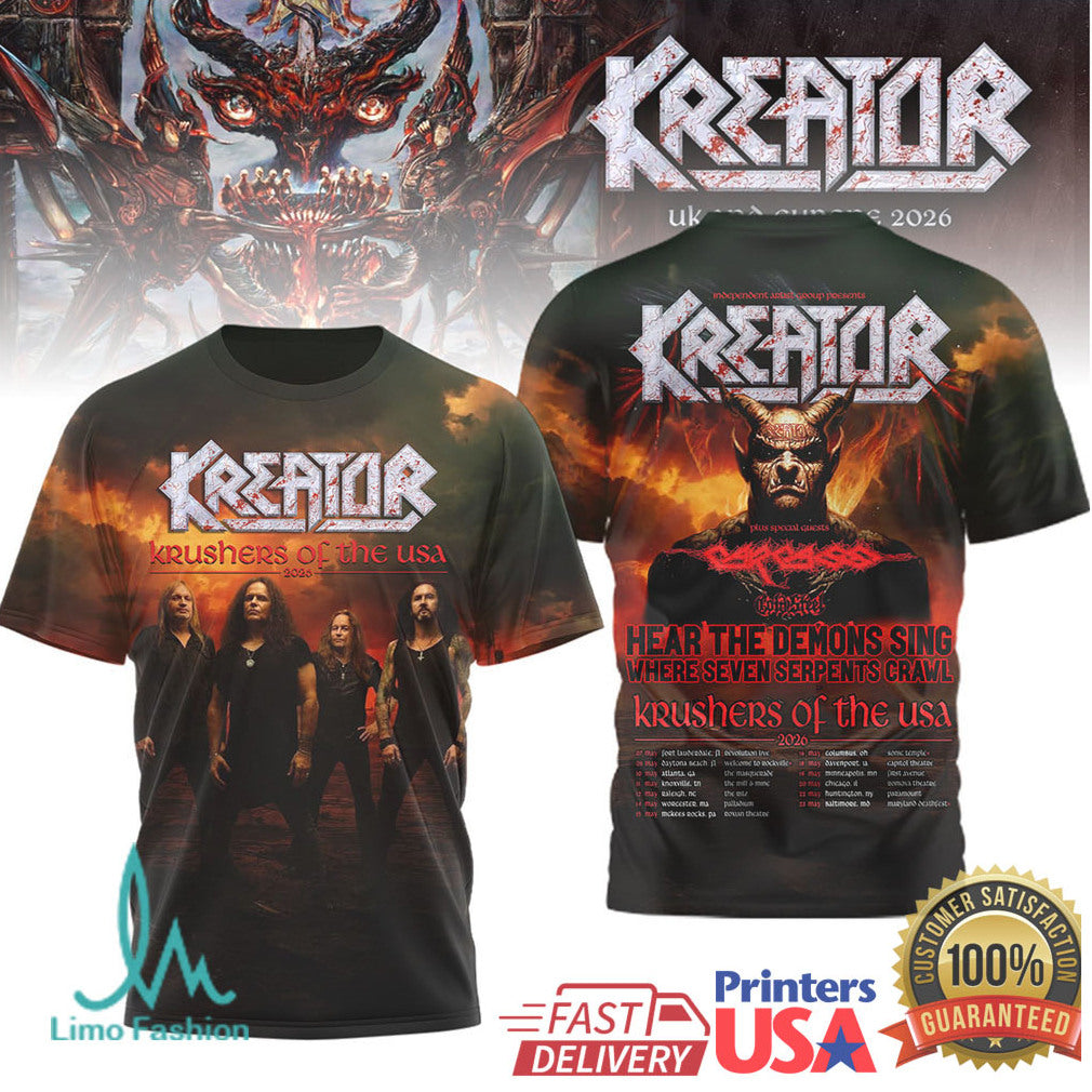 Kreator Krushers of the USA 2026 Tour Hear The Demons Sing Metal Band Tee - Limotees LLC