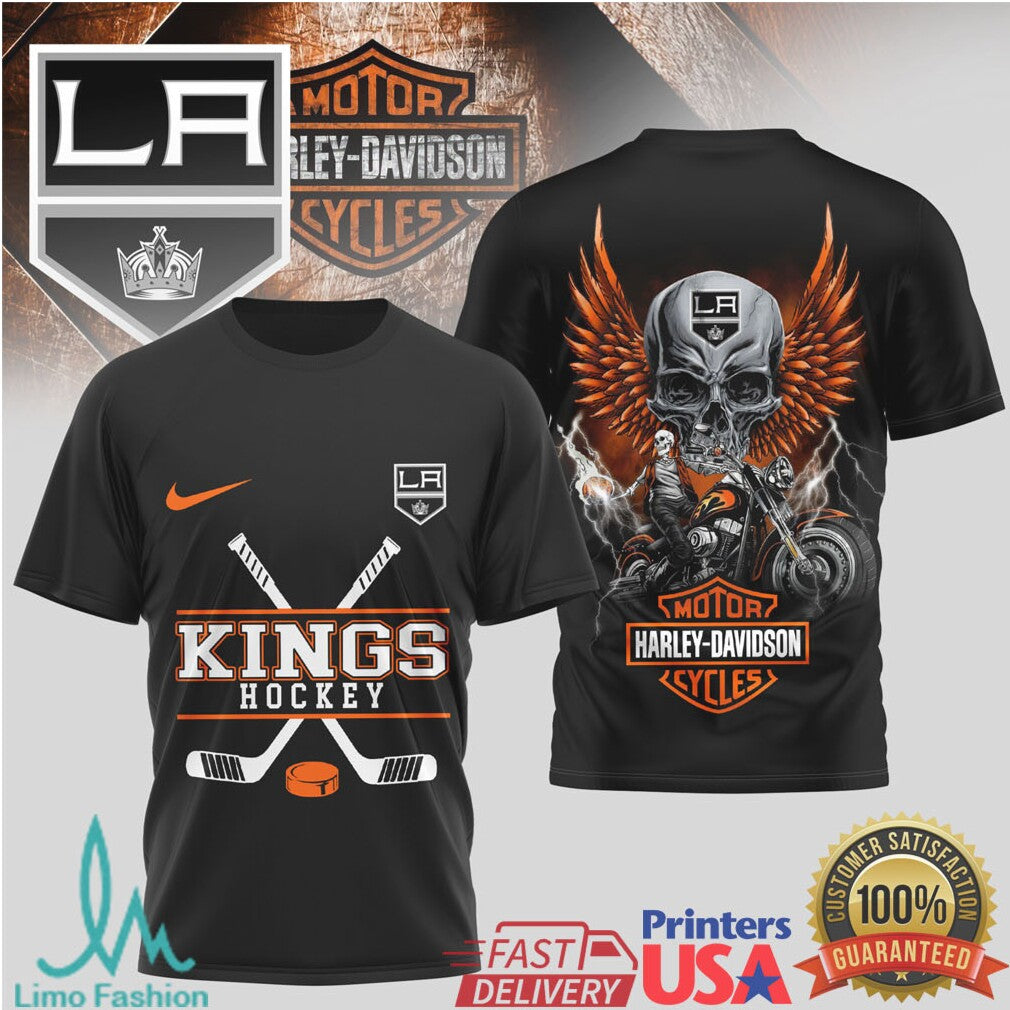 LA Kings Hockey x Harley Davidson Skull Biker T Shirt - Limotees LLC