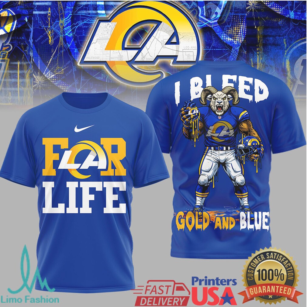 LA Rams I Bleed Gold and Blue For Life Mascot Graphic T Shirt - Limotees LLC