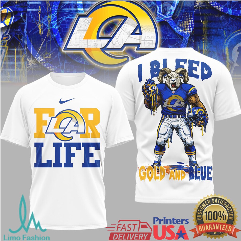 LA Rams I Bleed Gold and Blue For Life Mascot Graphic T Shirt - Limotees LLC