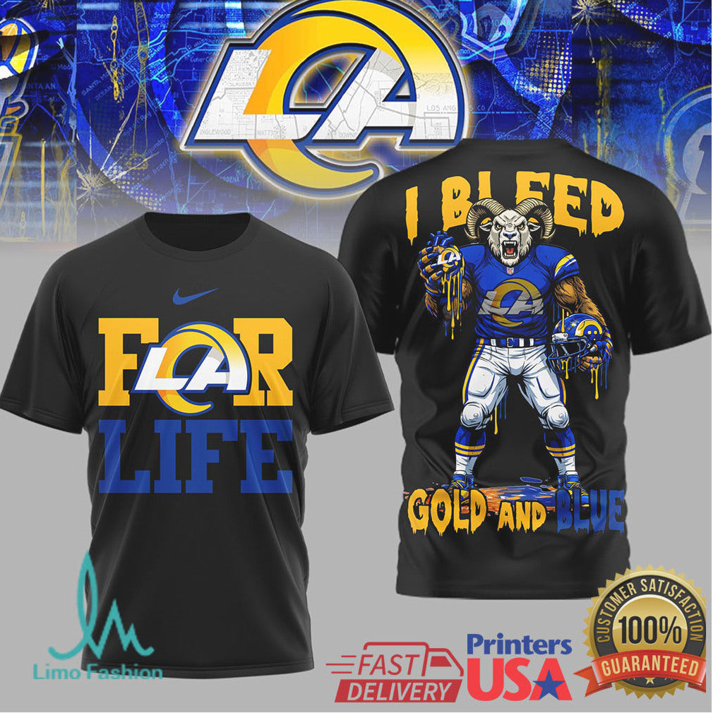 LA Rams I Bleed Gold and Blue For Life Mascot Graphic T Shirt - Limotees LLC