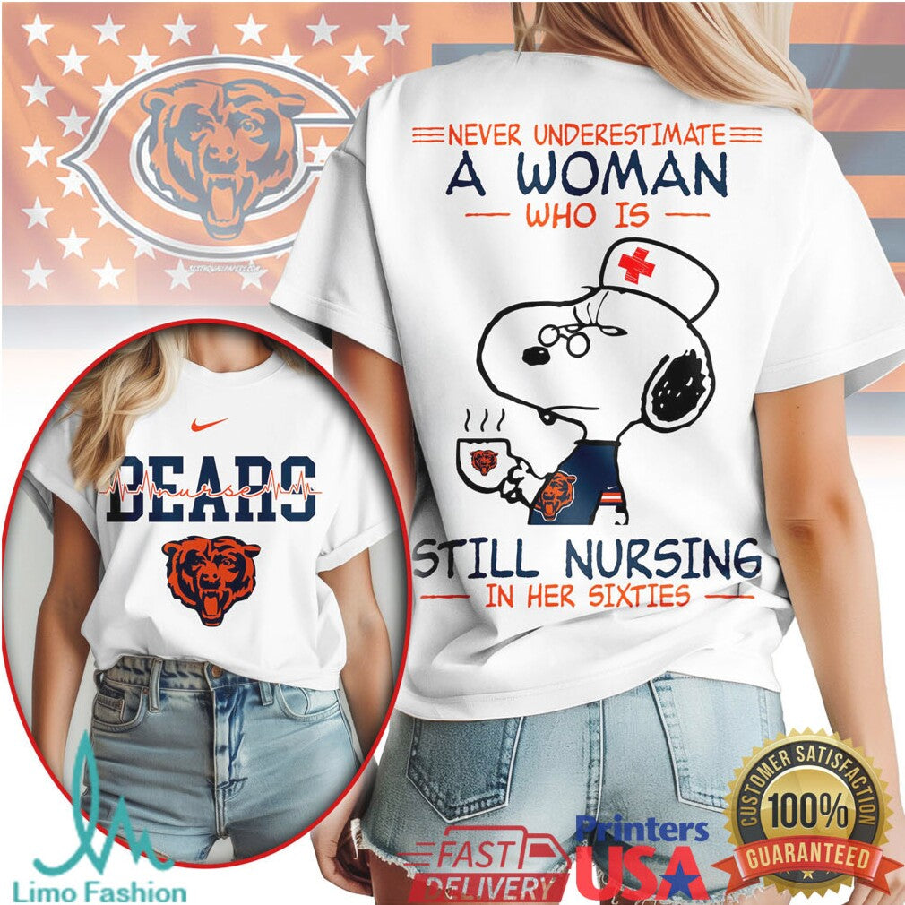 Chicago Bears Nursing Snoopy T Shirt Never Underestimate A Woman Still Nursing In Her Sixties