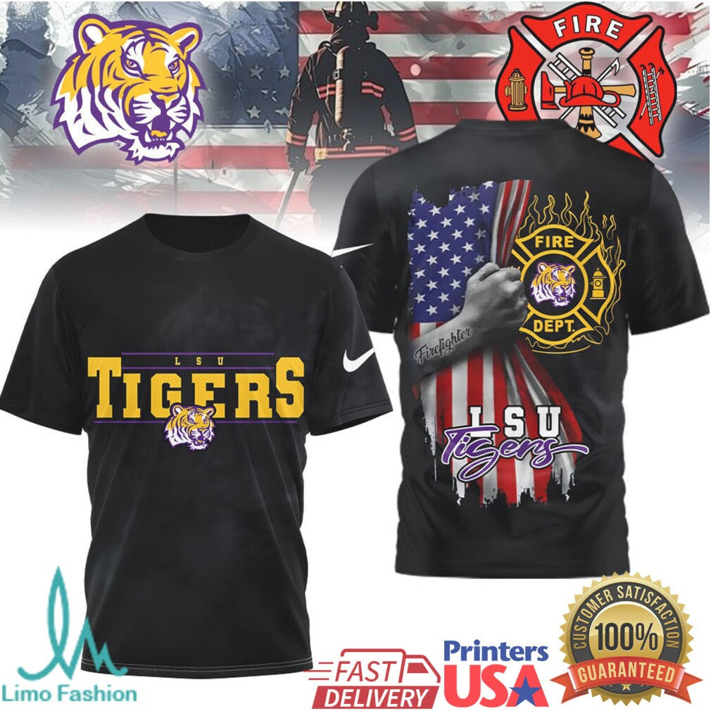 LSU Tigers Fire Dept Patriotic Ripped US Flag Graphic T Shirt - Limotees LLC