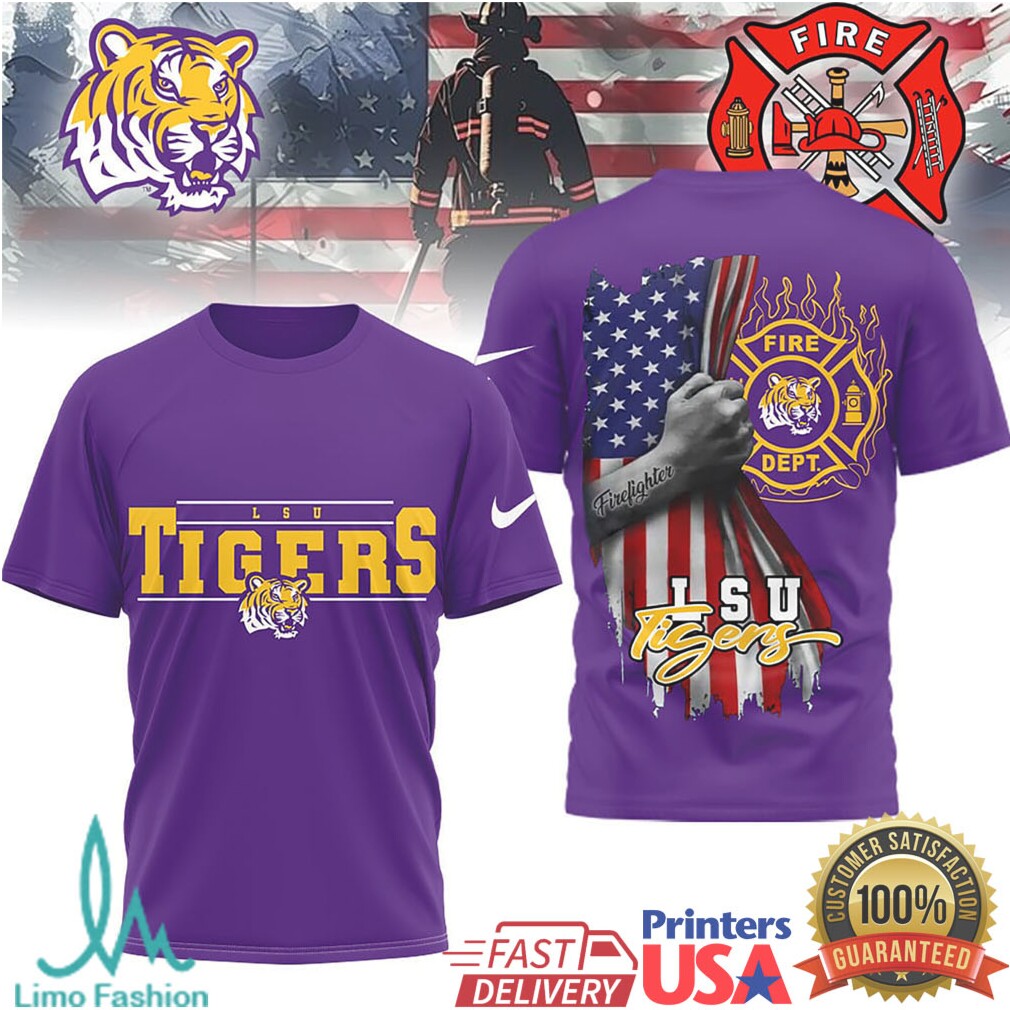 LSU Tigers Firefighter Department USA Flag NCAA Fan Apparel T Shirt - Limotees LLC