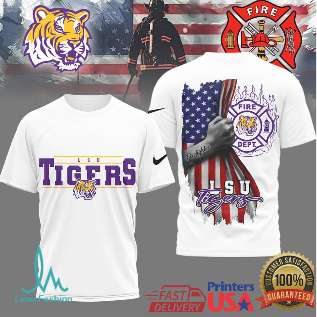 LSU Tigers Firefighter Department USA Flag NCAA Fan Apparel T Shirt - Limotees LLC