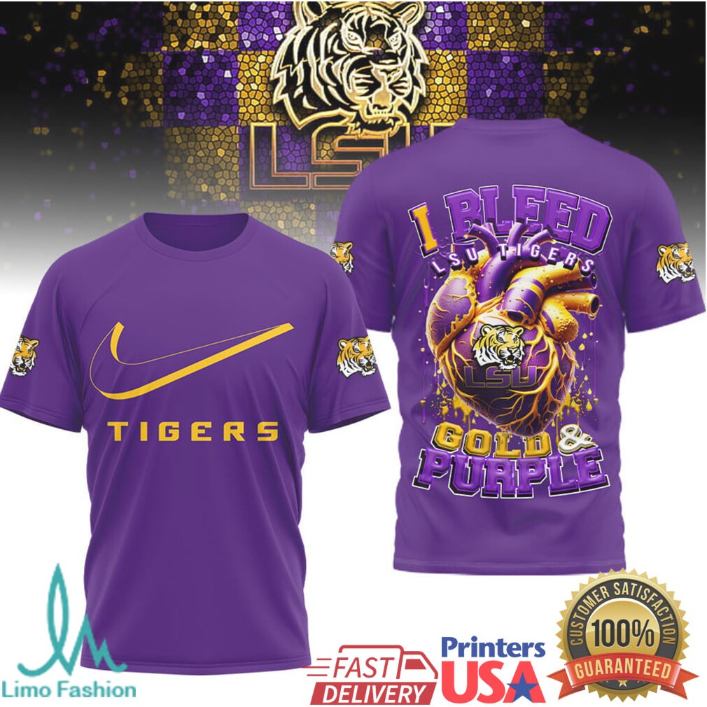 LSU Tigers I Bleed Gold and Purple Heart Football Graphic T Shirt - Limotees LLC