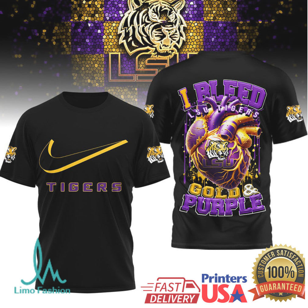 LSU Tigers I Bleed Gold and Purple Heart Football Graphic T Shirt - Limotees LLC