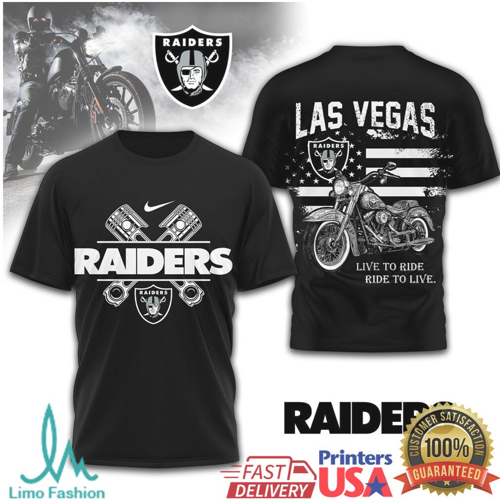 Las Vegas Raiders Biker T Shirt Live to Ride Motorcycle Design - Limotees LLC