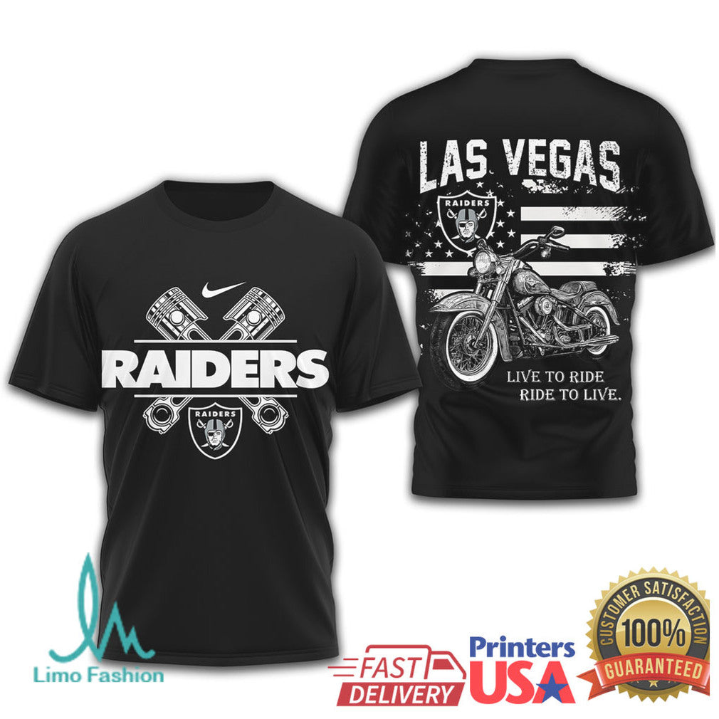 Las Vegas Raiders Biker T Shirt Live to Ride Motorcycle Design - Limotees LLC