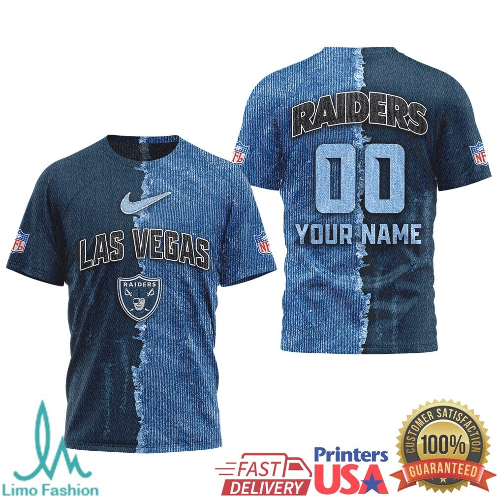 Las Vegas Raiders Custom Name & Number Ripped Denim Style 3D NFL T Shirt - Limotees LLC