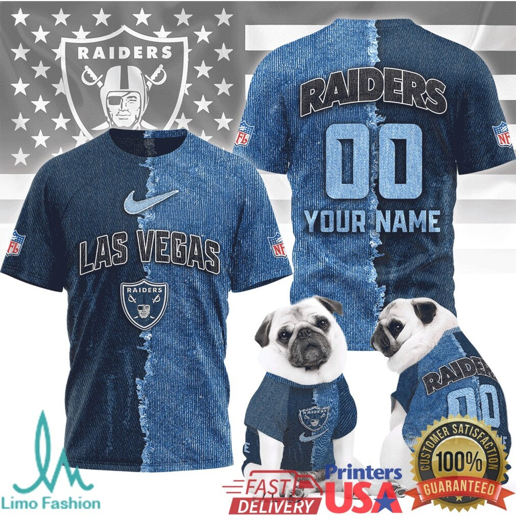 Las Vegas Raiders Custom Name & Number Ripped Denim Style 3D NFL T Shirt - Limotees LLC