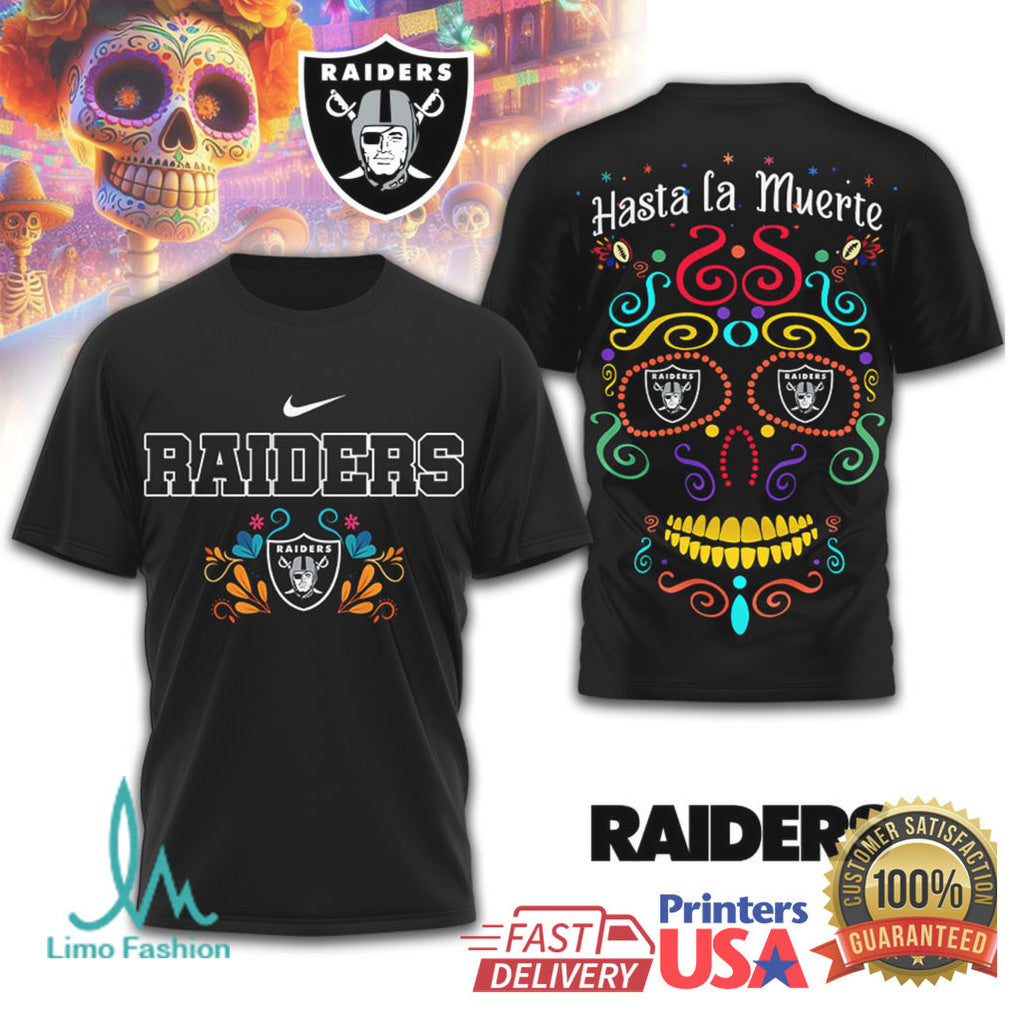 Las Vegas Raiders Dia de los Muertos Sugar Skull T Shirt Hasta la Muerte Black Shirt - Limotees LLC
