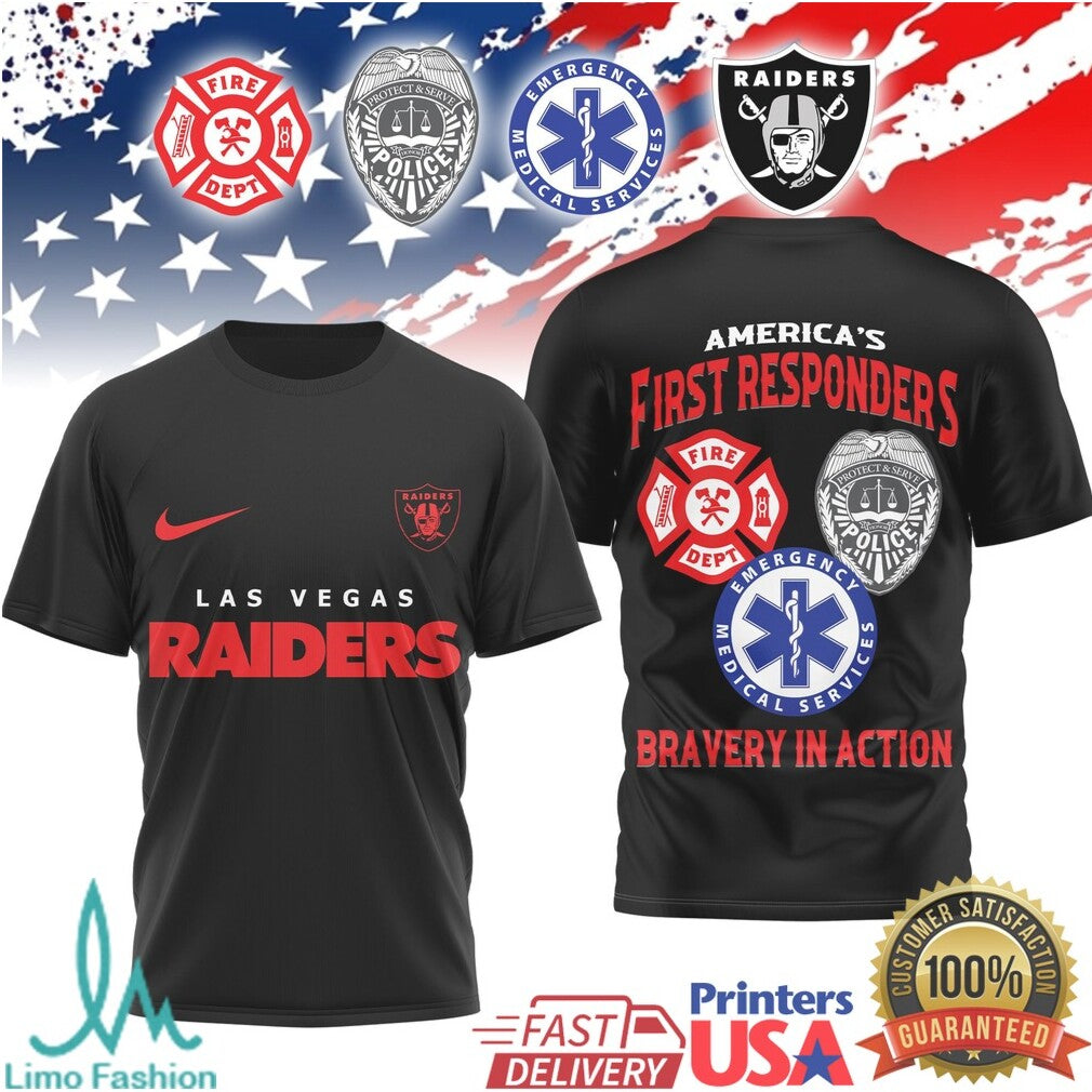 Las Vegas Raiders First Responders Bravery In Action T Shirt Silver & Black Hero Gear - Limotees LLC