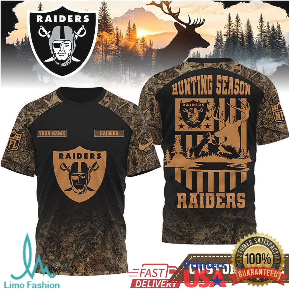 Las Vegas Raiders Hunting Season Custom Name Camo Military Style T Shirt - Limotees LLC