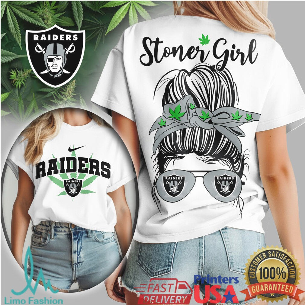 Las Vegas Raiders Stoner Girl T Shirt Messy Bun Bandana Design - Limotees LLC