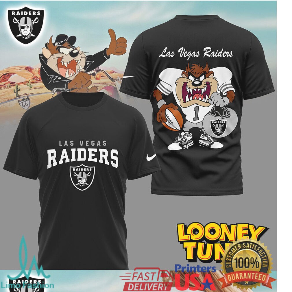 Las Vegas Raiders x Looney Tunes Taz Silver & Black Graphic T Shirt - Limotees LLC