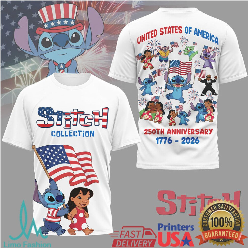 Lilo & Stitch Collection 250th Anniversary USA 1776 2026 Patriotic T Shirt - Limotees LLC
