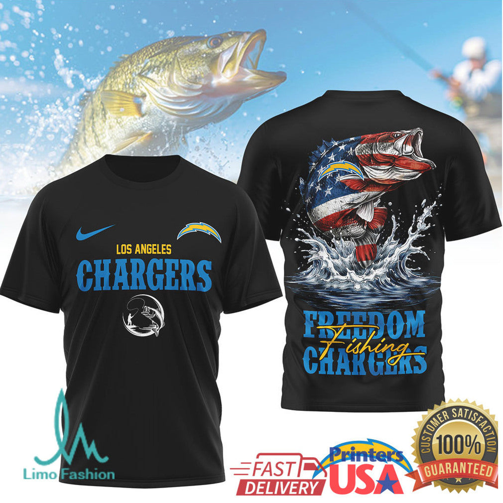 Los Angeles Chargers Freedom Fishing Bass Flag Graphic T Shirt
