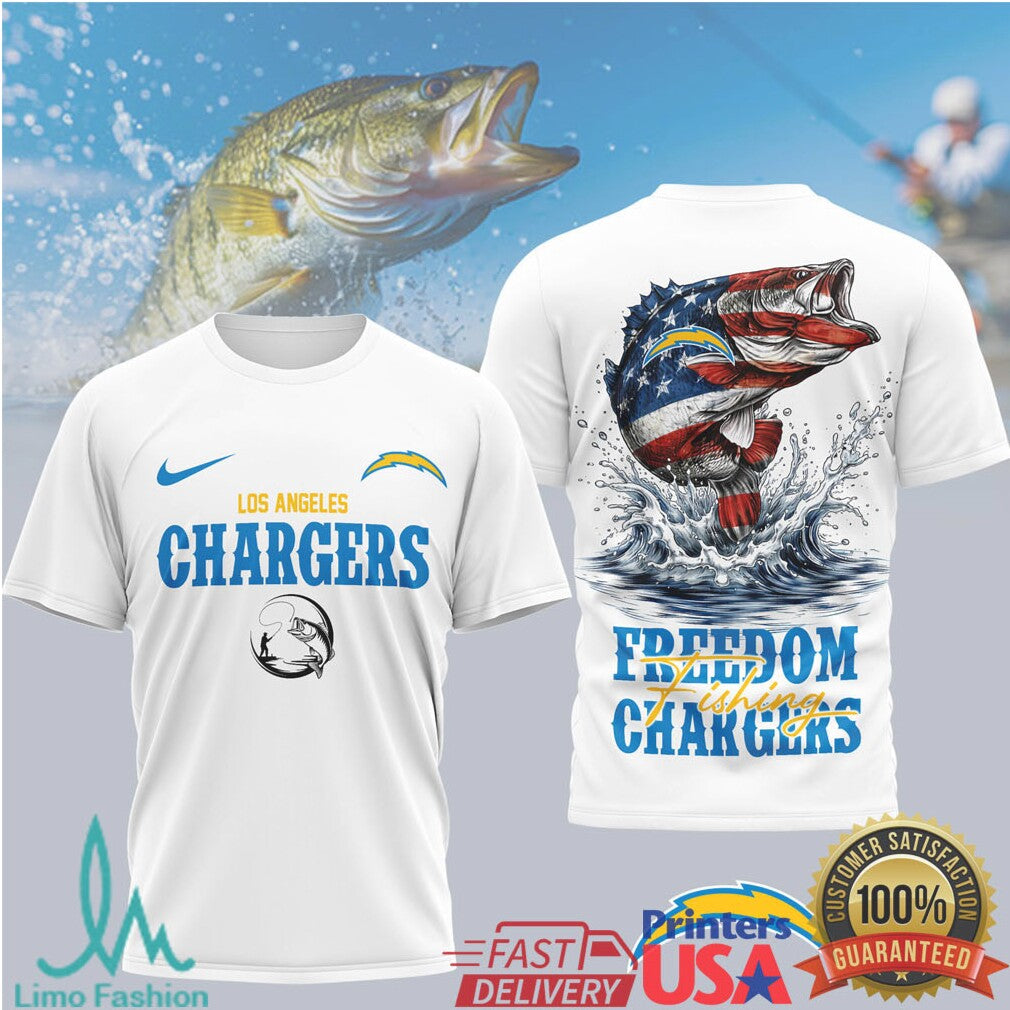 Los Angeles Chargers Freedom Fishing Bass Flag Graphic T Shirt