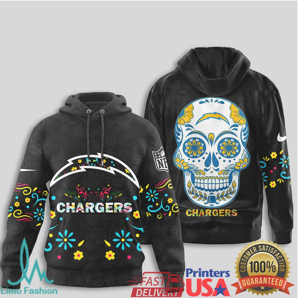 Los Angeles Chargers NFL Sugar Skull Floral Calavera Black T Shirt - Limotees LLC