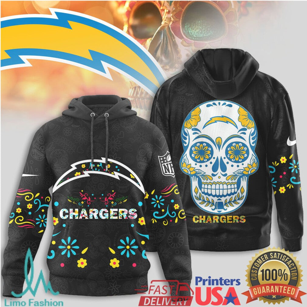Los Angeles Chargers NFL Sugar Skull Floral Calavera Black T Shirt - Limotees LLC