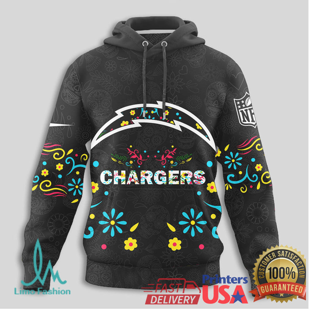 Los Angeles Chargers NFL Sugar Skull Floral Calavera Black T Shirt - Limotees LLC