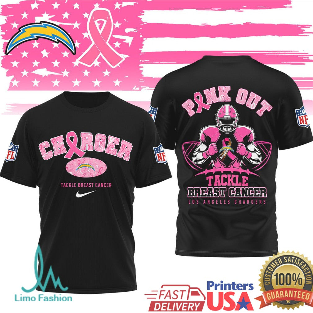 Los Angeles Chargers & New England Patriots Tackle Breast Cancer Pink Out Ribbon T Shirt - Limotees LLC