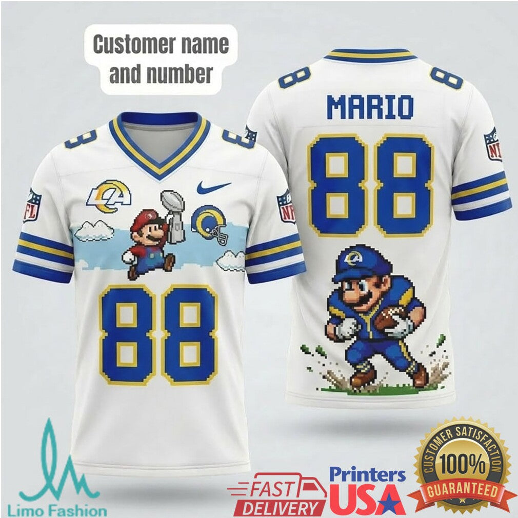 Los Angeles Rams Super Mario Crossover Custom Number Fan Apparel T Shirt - Limotees LLC