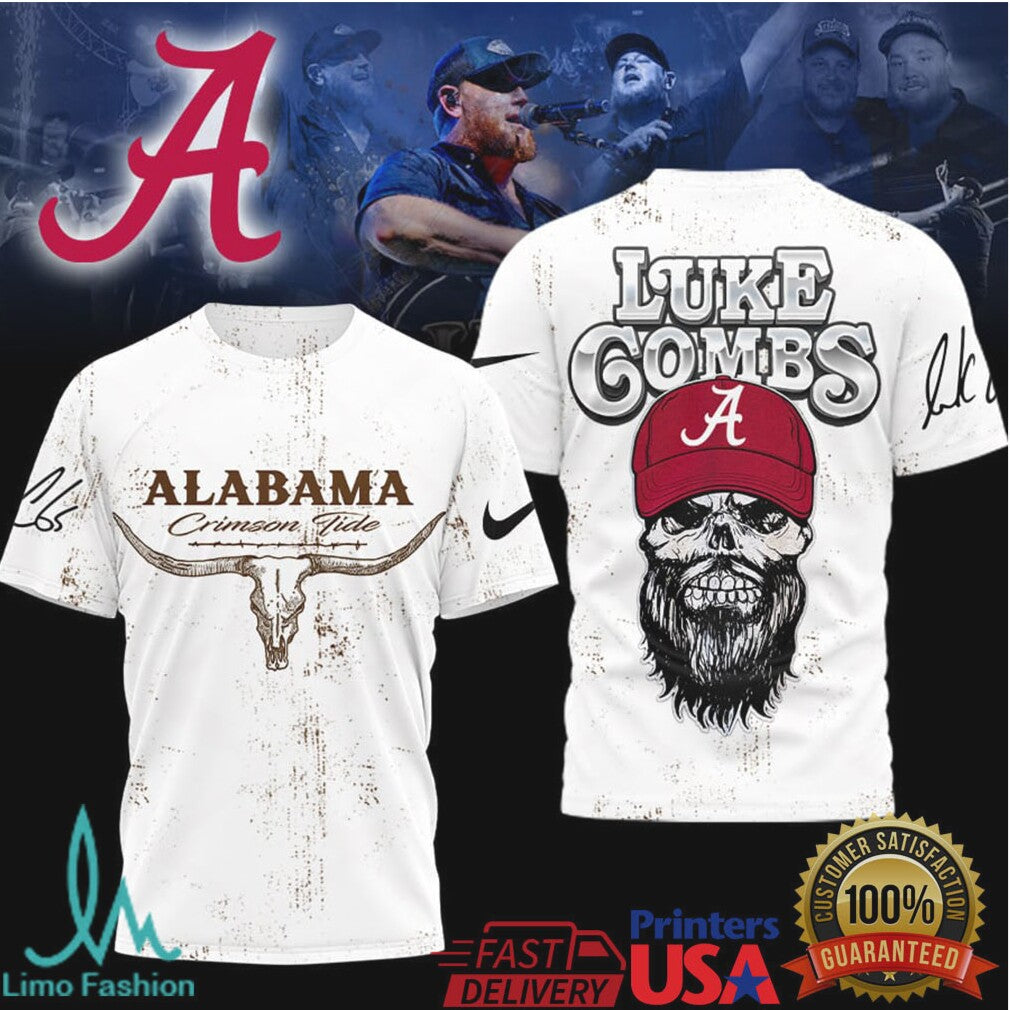 Luke Combs x Alabama Crimson Tide Skull Longhorn Country T Shirt - Limotees LLC