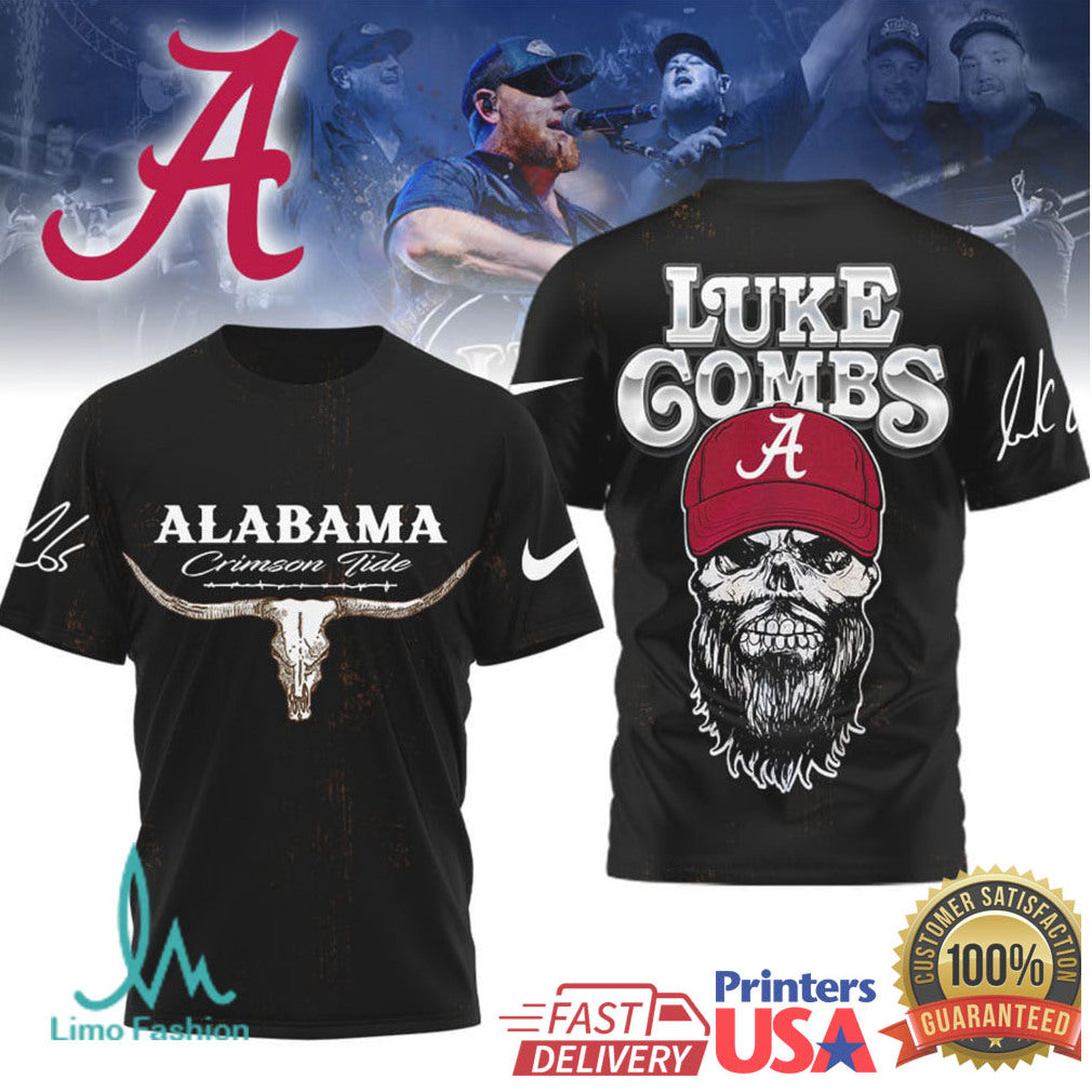 Luke Combs x Alabama Crimson Tide Skull Longhorn Country T Shirt - Limotees LLC