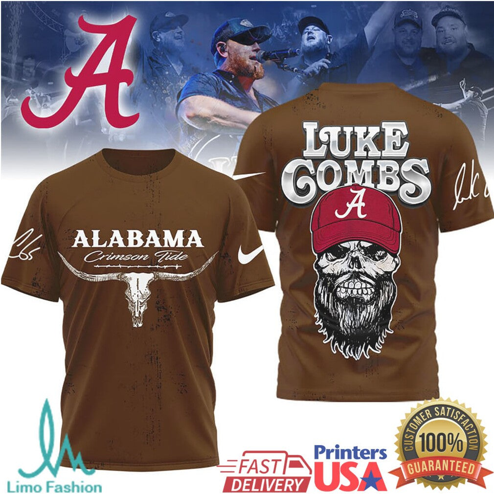 Luke Combs x Alabama Crimson Tide Skull Longhorn Country T Shirt - Limotees LLC