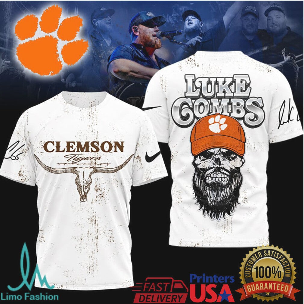 Luke Combs x Clemson Tigers Skull Longhorn T Shirt - Limotees LLC